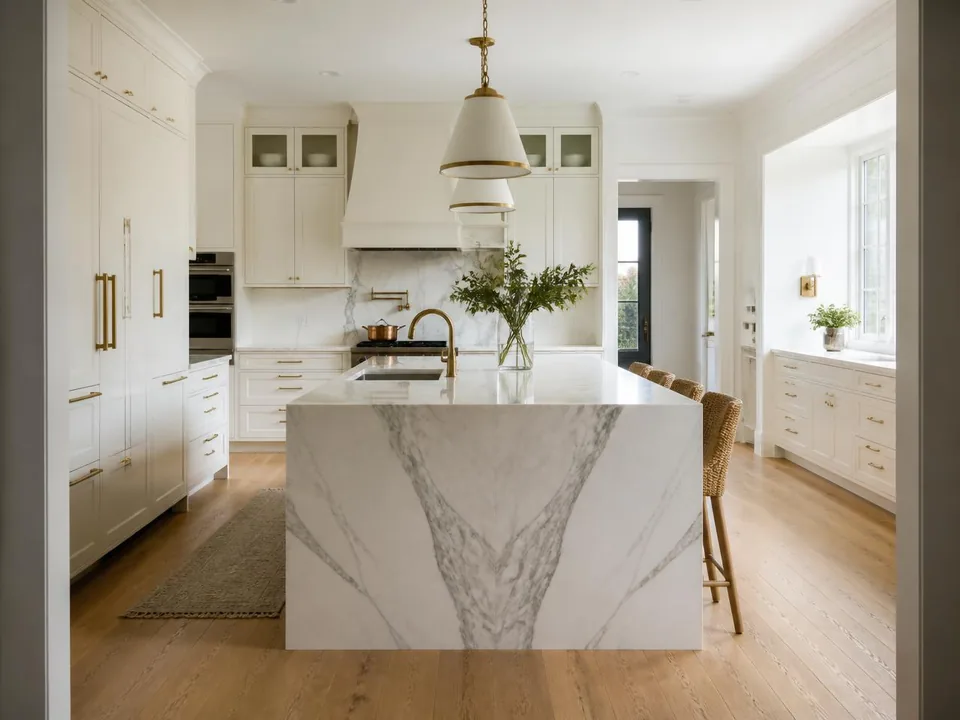A kitchen rebuilt around one block of Calacatta — completed Calacatta Marble installation in Greenwich, CT