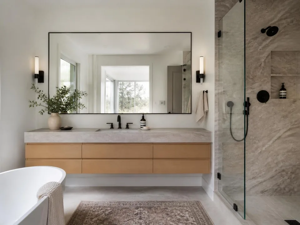 Builder-grade bath turned quiet retreat — completed Honed Quartzite installation in Newport, RI