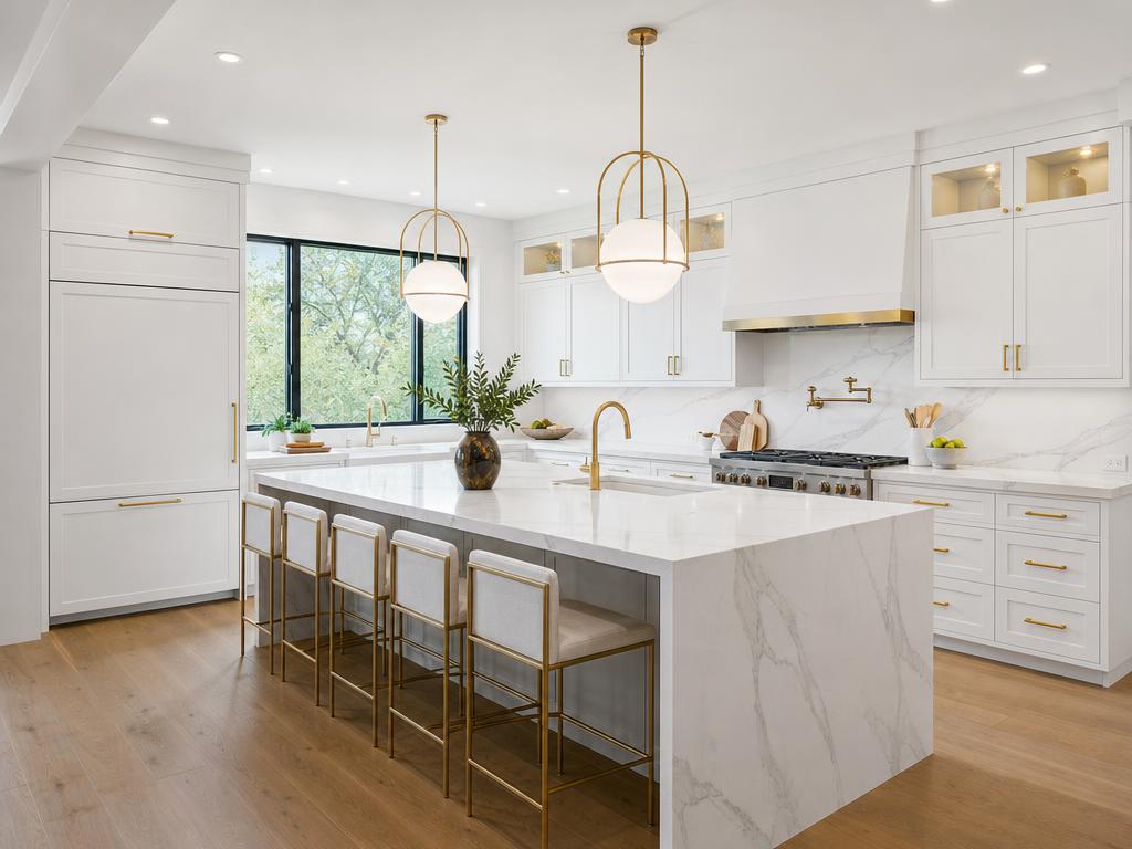 Waterfall marble island with book-matched veining in a custom kitchen