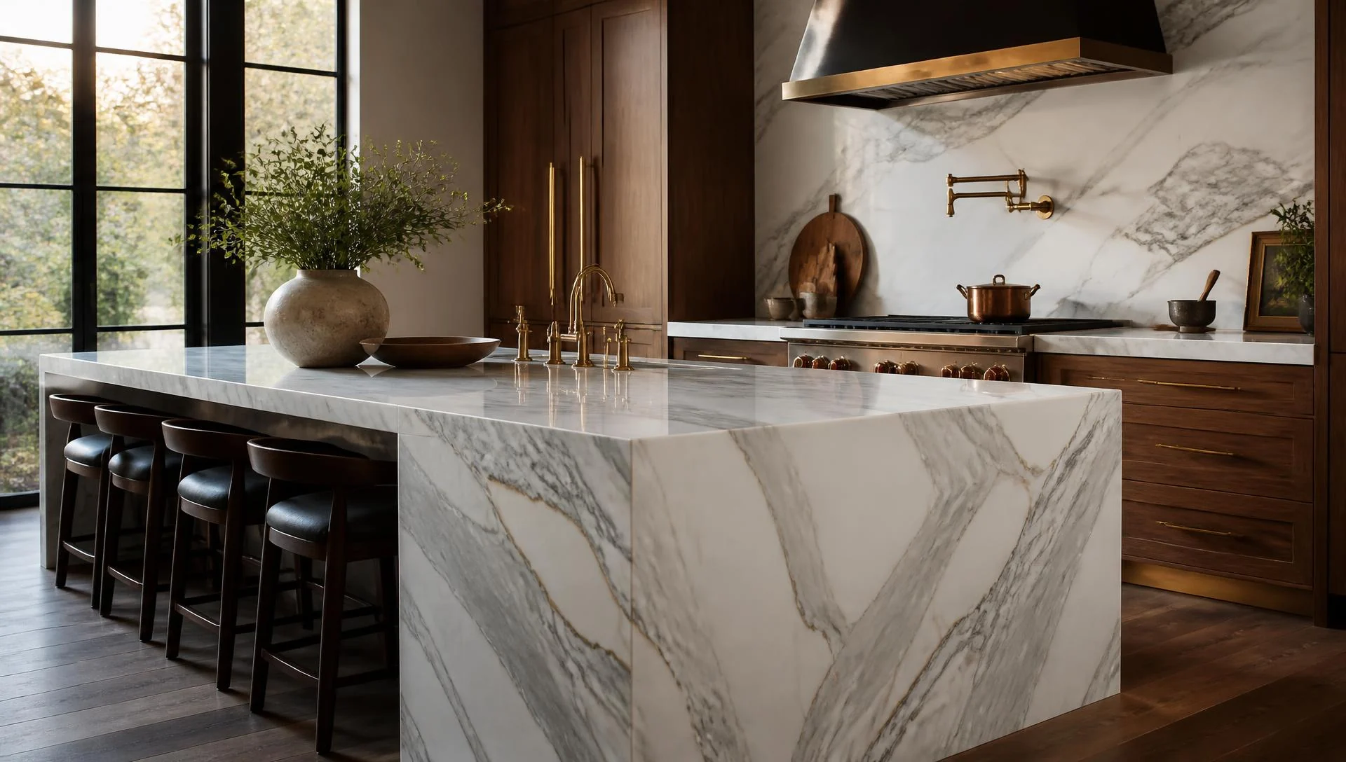 Luxury kitchen with book-matched marble island and antique brass fixtures